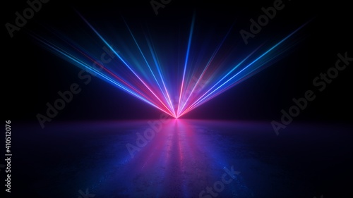 3d render, digital illustration. Abstract neon background. Bright projector shining on the dark empty stage, glowing pink blue laser rays in the dark