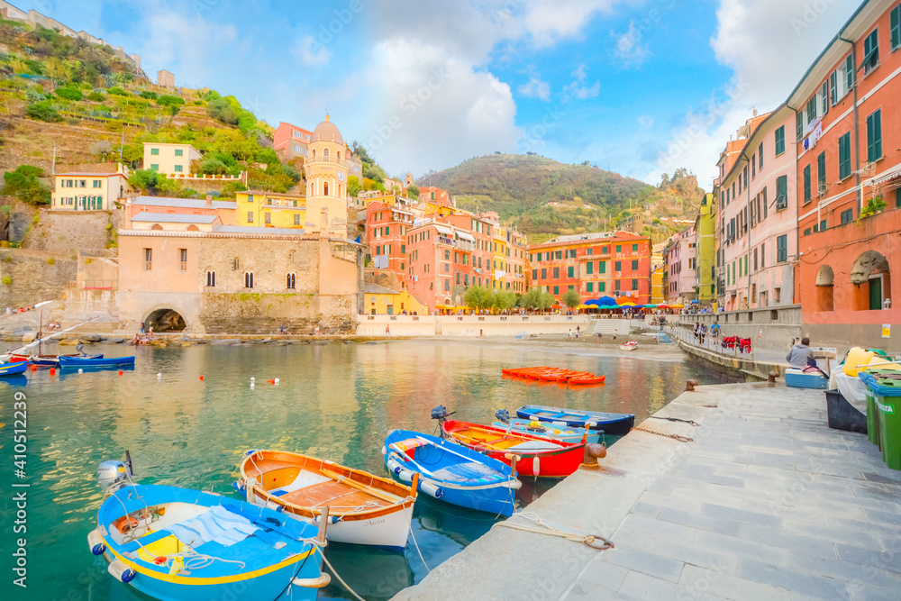 The colorful Ligurian hillside village and small harbor of Vernazza, Italy, part of the Cinque Terre on the Ligurian coast of Italy.