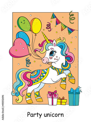Cute party unicorn with balloons colorful vector illustration