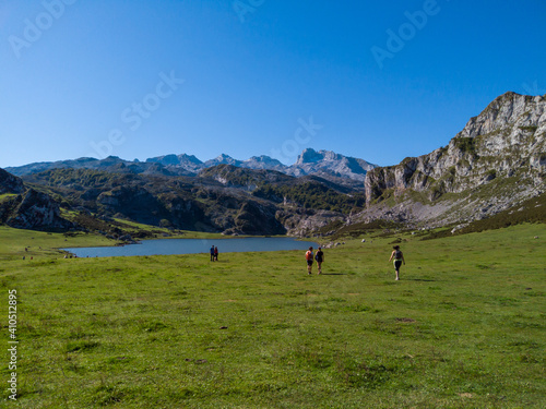 Gamonedo de Onís, Spain - September 4, 2020: View of glacial Lake Ercina or Lagoa de la Ercina, nestled among marvelous mountain tops, Lakes of Covadonga Track, Cornion Massif, Picos de Europa.