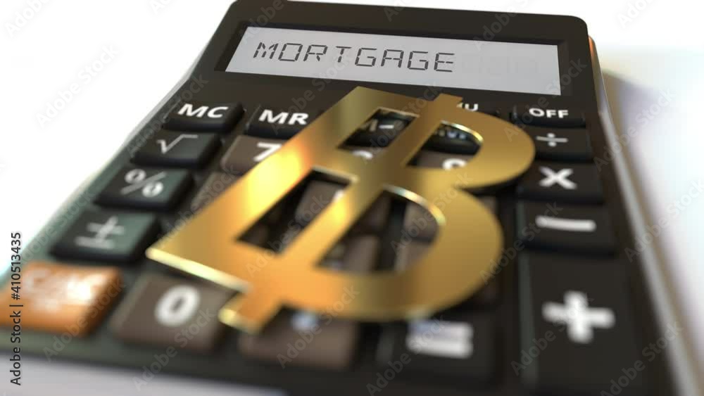 MORTGAGE text on calculator display and baht currency symbol. Conceptual 3d animation