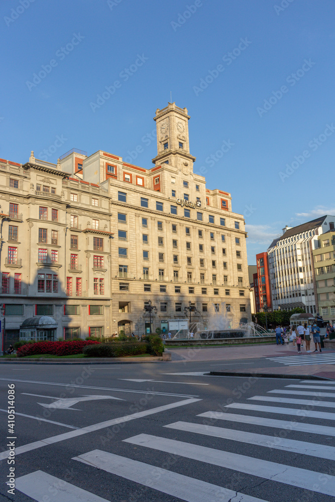 Oviedo, Spain - September 4, 2020: Caja de Ahorros de Asturias, autarchy architecture building, Plaza de la Escandalera.
