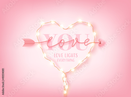 Valentine's Day Card or Banner with Love You word,  LED String lights and Arrow love script word hand drawn lettering on pink background. Valentine's day template or poster for love concept