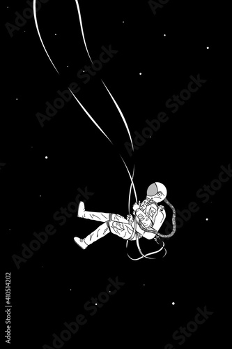 Lonely astronaut. Cosmonaut isolated silhouette. Man on swing