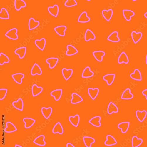 Simple hearts seamless pattern,endless chaotic texture made of tiny heart silhouettes.Valentines,mothers day background.Great for Easter,wedding,scrapbook,gift wrapping paper,textiles.Pink on orange