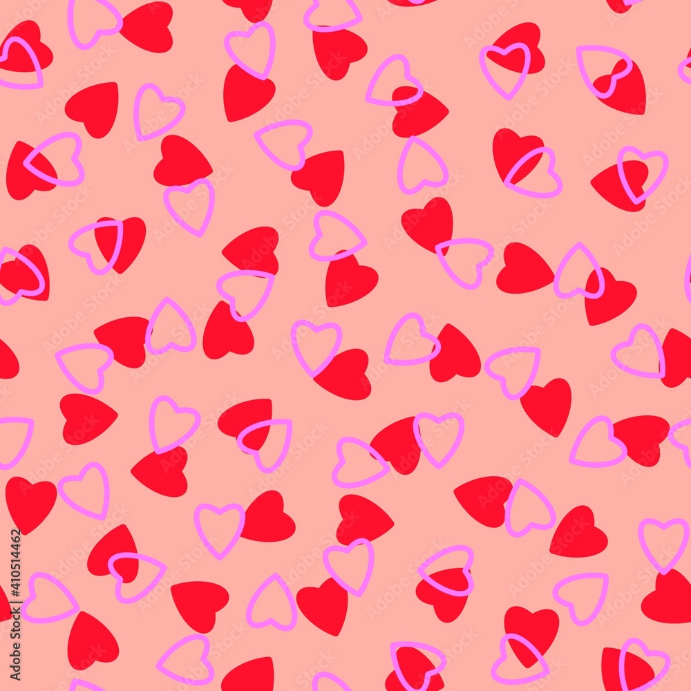 Simple hearts seamless pattern,endless chaotic texture made of tiny heart silhouettes.Valentines,mothers day background.Great for Easter,wedding,scrapbook,gift wrapping paper,textiles.Red,lilac,pink