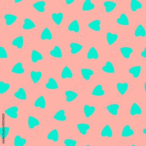 Simple hearts seamless pattern,endless chaotic texture made of tiny heart silhouettes.Valentines,mothers day background.Great for Easter,wedding,scrapbook,gift wrapping paper,textiles.Azure on pink