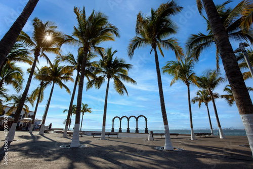 Famous Puerto Vallarta sea promenade, El Malecon, with ocean lookouts, beaches, scenic landscapes hotels and city views.
