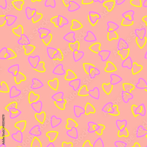 Simple hearts seamless pattern,endless chaotic texture made tiny heart silhouettes.Valentines,mothers day background.Great for Easter,wedding,scrapbook,gift wrapping paper,textiles.Lilac,yellow,peach