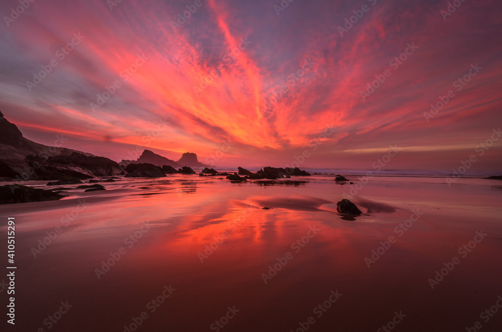 sunset on the beach
Scenic view of  Almograve Beach , at the Vicentine Coast, in Alentejo, Portugal. 