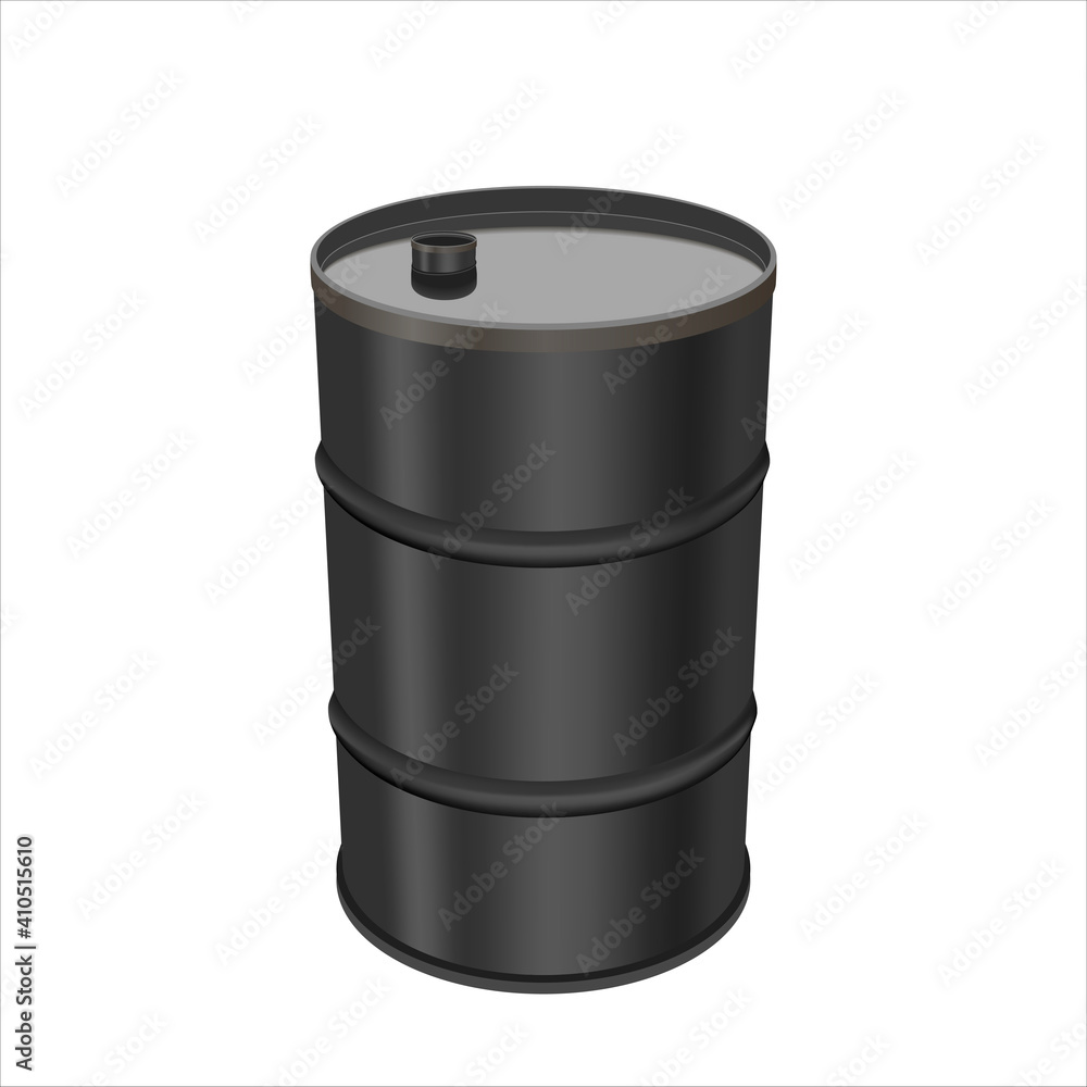 Black metal barrel isolated on white background. Concept of the financial crisis on the oil market. 200L Industrial Oil Barrel. Single black barrel, raster illustration Black metal barrel isolated on white background. Concept of the financial crisis on the oil market. 200L Industrial Oil Barrel. Single black barrel, raster illustration