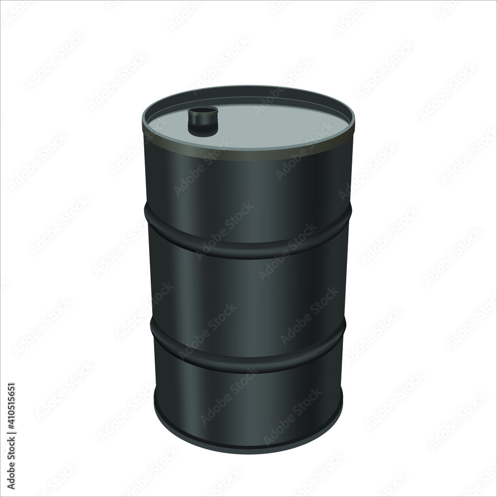 Black metal barrel isolated on white background. Concept of the financial crisis on the oil market. 200L Industrial Oil Barrel. Single black barrel, vector illustration Black metal barrel isolated on white background. Concept of the financial crisis on the oil market. 200L Industrial Oil Barrel. Single black barrel, vector illustration