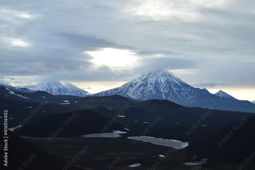 Black volcano landscape close Tolbachik volcano in the far east peninsula of Kamchatka in Russia Black volcano landscape close Tolbachik volcano in the far east peninsula of Kamchatka in Russia