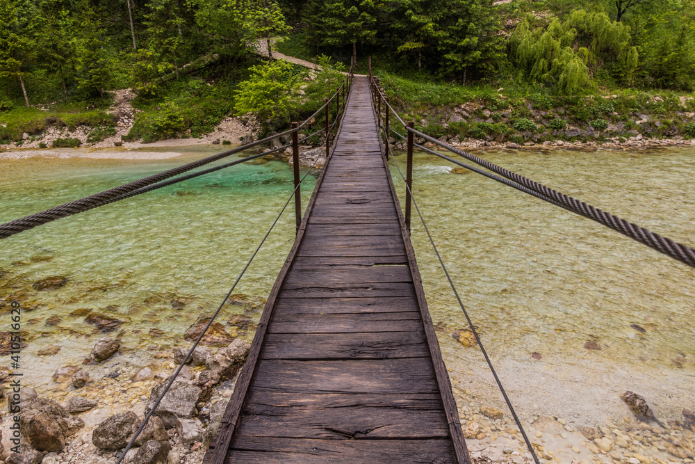 Hanging bridge over Soca river near Bovec village, Slovenia Hanging bridge over Soca river near Bovec village, Slovenia