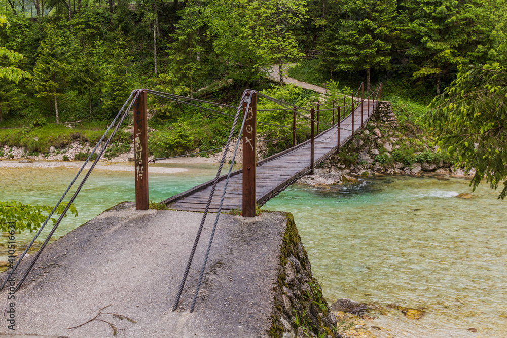 Hanging bridge over Soca river near Bovec village, Slovenia Hanging bridge over Soca river near Bovec village, Slovenia