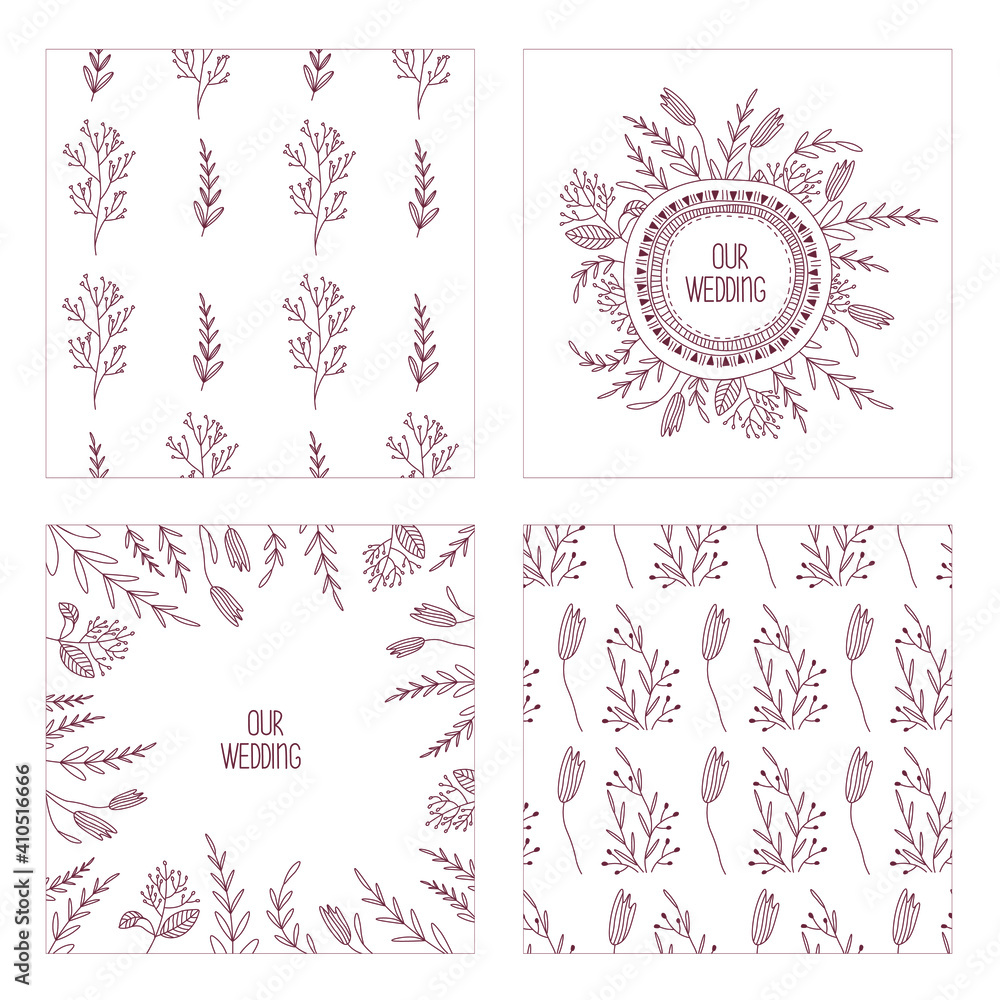 Rustic Set with seamless pattern and wreath for cards 