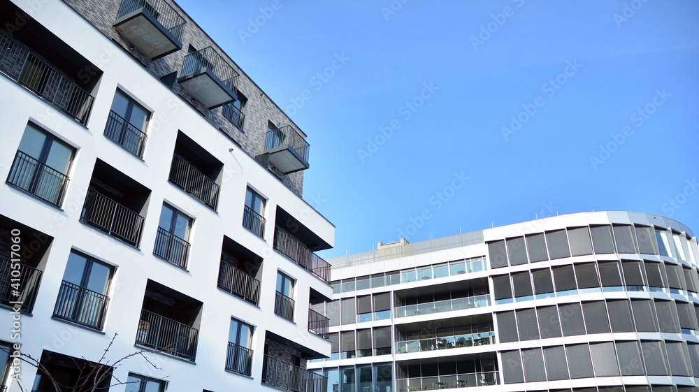 Compact development of modern buildings. Residential and office building 