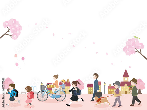 桜　サクラと街並み　人々　通勤　通学