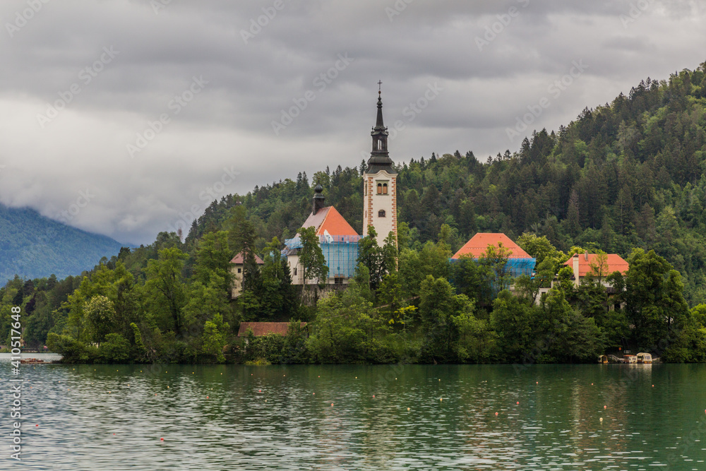 View of Bled lake with the Pilgrimage Church of the Assumption of Maria, Slovenia