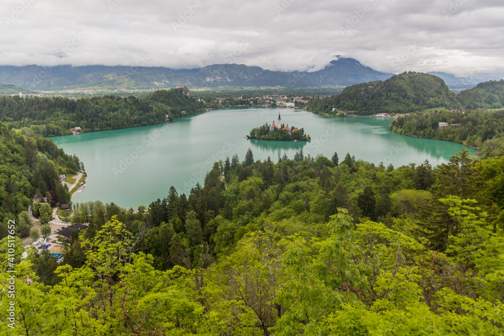 Aerial view of Bled lake with the Pilgrimage Church of the Assumption of Maria, Slovenia