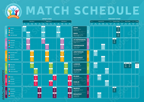 Football 2020 tournament final stage Match schedule, template for web, print, football results table, flags of European countries football championship 2021, vector illustration.