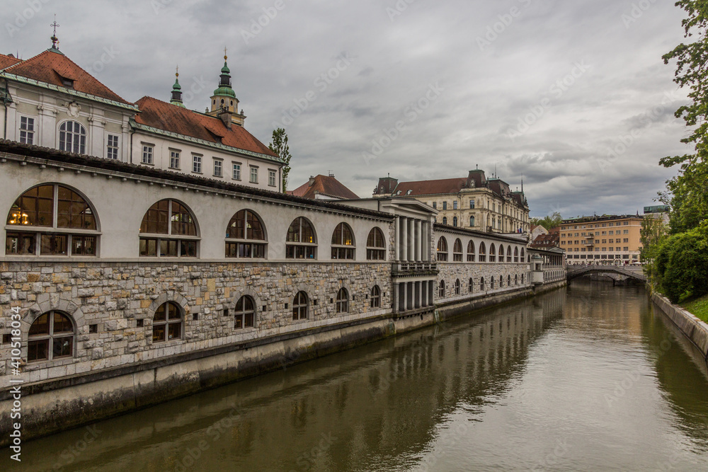 Plecnik arcade market building and Ljubljanica river in Ljubljana, Slovenia
