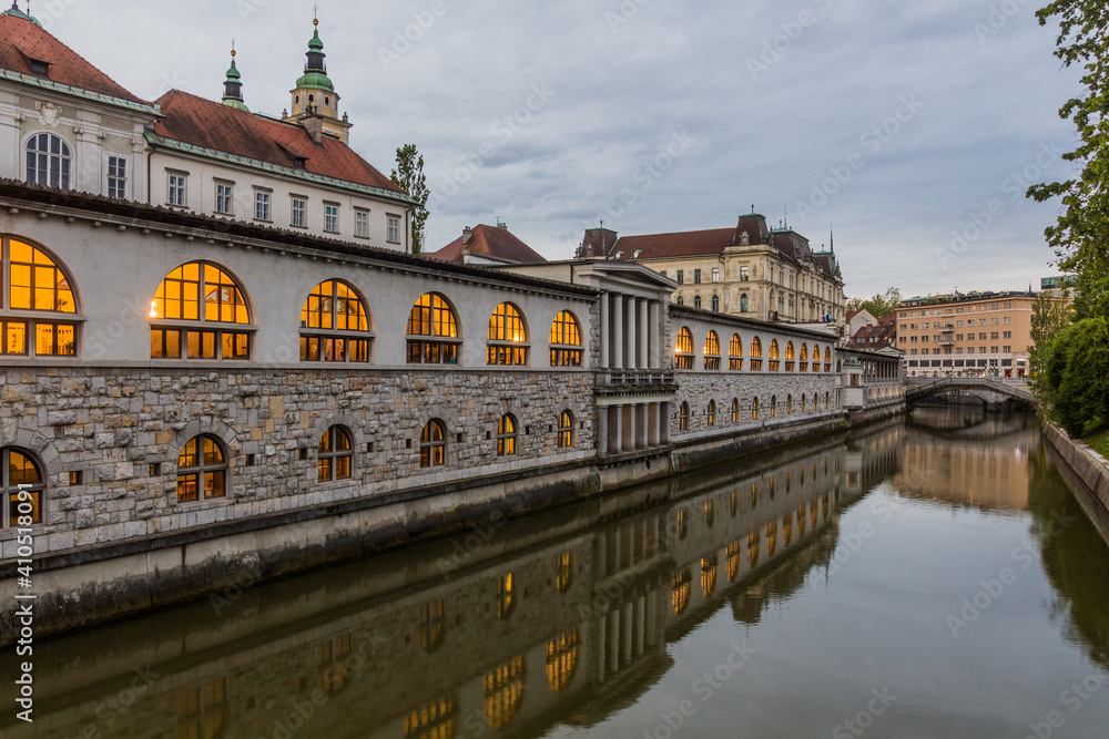 Naklejka premium Plecnik arcade market building reflecting in Ljubljanica river in Ljubljana, Slovenia