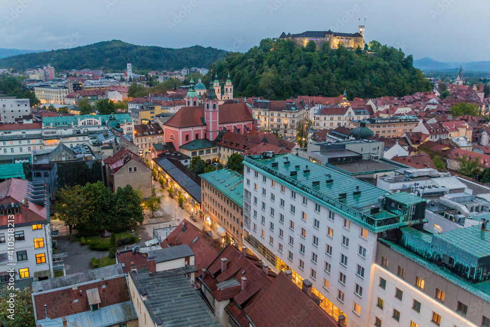 Evening aerial view of Ljubljana, Slovenia