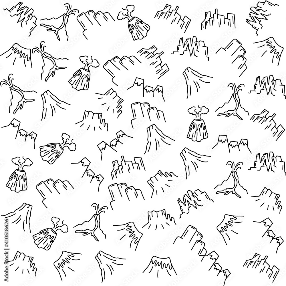Obraz premium Mountains adventure line art pattern. Linear Hills seamless background. Stock vector outline elements wallpaper
