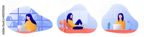Woman using laptop in different room, work from home, browsing the internet, vector illustration