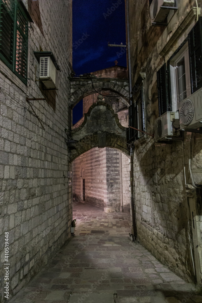 Evening view of an alley in Kotor, Montenegro.