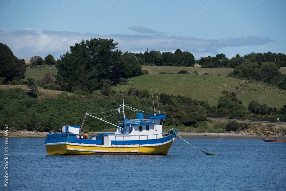 Fototapeta premium Wooden made old typical fishing vessel at a bay on a cloudy day with green herbs at behind