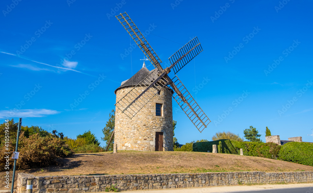 Lancieux, France - August 25, 2019: The windmill in Lancieux in the Cotes-d'Armor department of Brittany, France