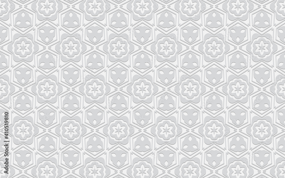 Ethnic volumetric convex white pattern. Embossed geometric background for presentations, wallpapers, websites.