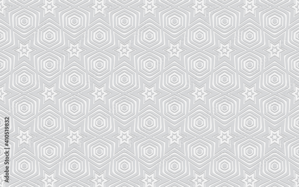 Ethnic volumetric convex white background. Embossed stylish geometric pattern with stars for presentations, wallpapers, websites.