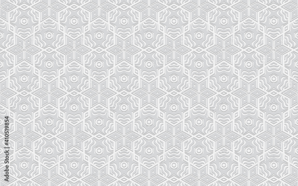 Ethnic trendy volumetric convex white background. Doodling embossed geometric pattern for presentations, wallpapers, websites.