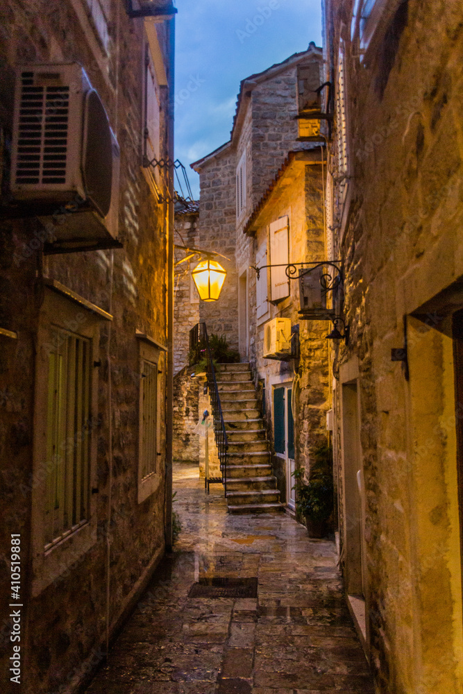 Evening view of an old town in Budva, Montenegro.