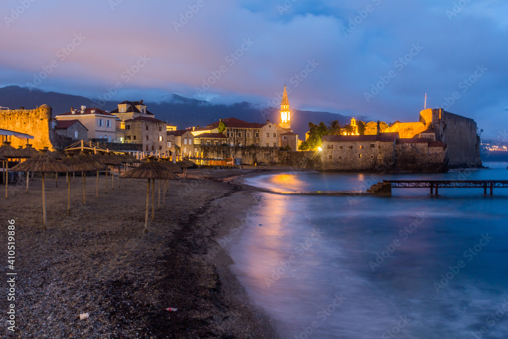  Evening view of an old town in Budva, Montenegro