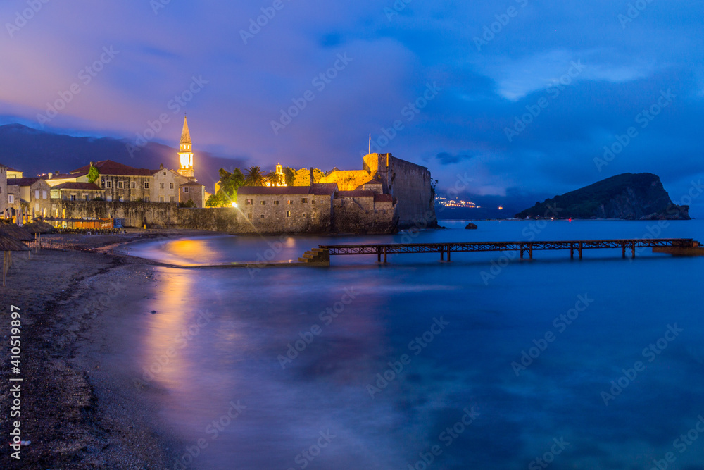 Evening view of an old town in Budva, Montenegro