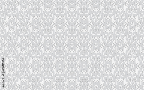 Ethnic original volumetric convex white background. Embossed pattern with stars and geometric shapes for presentations, wallpapers, websites.