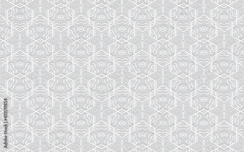 Ethnic trendy volumetric convex white background. Doodling embossed geometric pattern for presentations, wallpapers, websites.