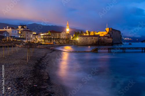 Evening view of an old town in Budva, Montenegro