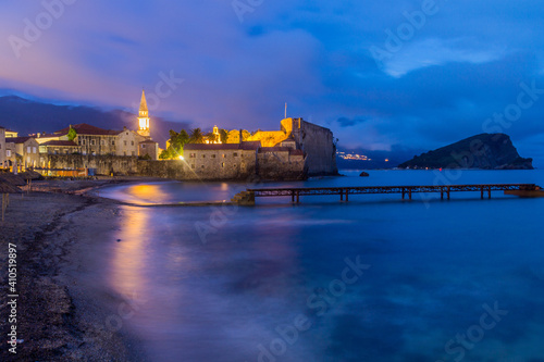 Evening view of an old town in Budva, Montenegro