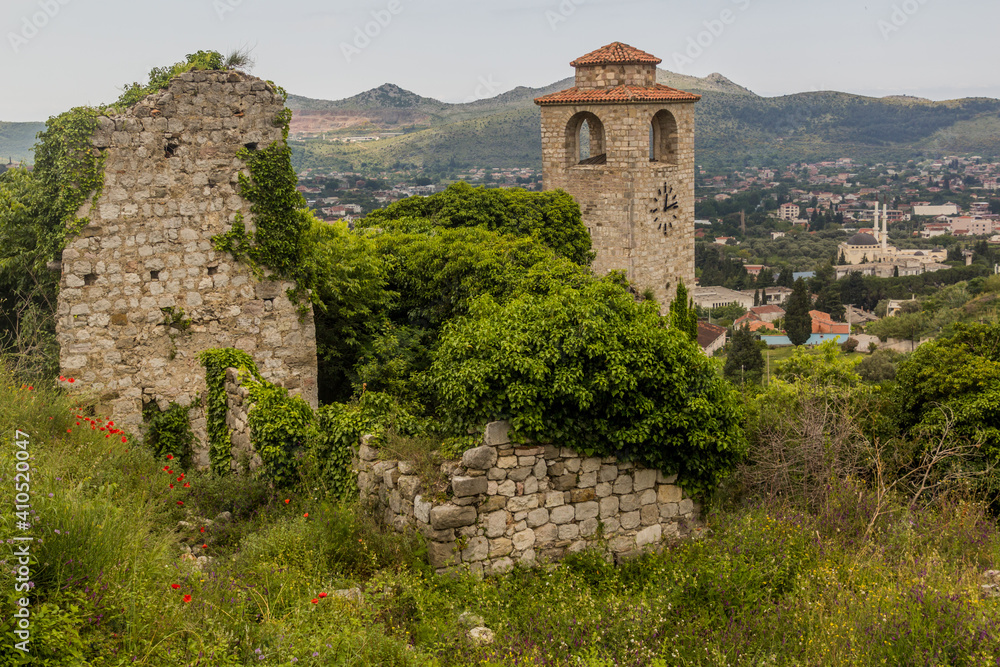 Clock tower at an ancient settlement Stari Bar, Montenegro