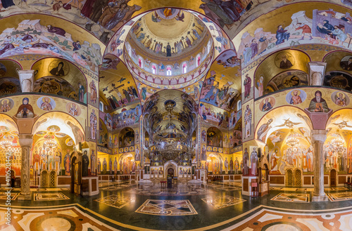 PODGORICA, MONTENEGRO - JUNE 4, 2019: Interior of the Cathedral of the Resurrection of Christ in Podgorica, capital of Montenegro