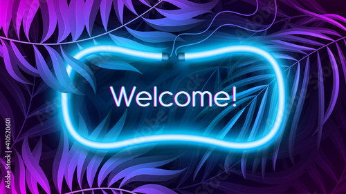 Neon light banner in fluorescent color, tropical background concept.