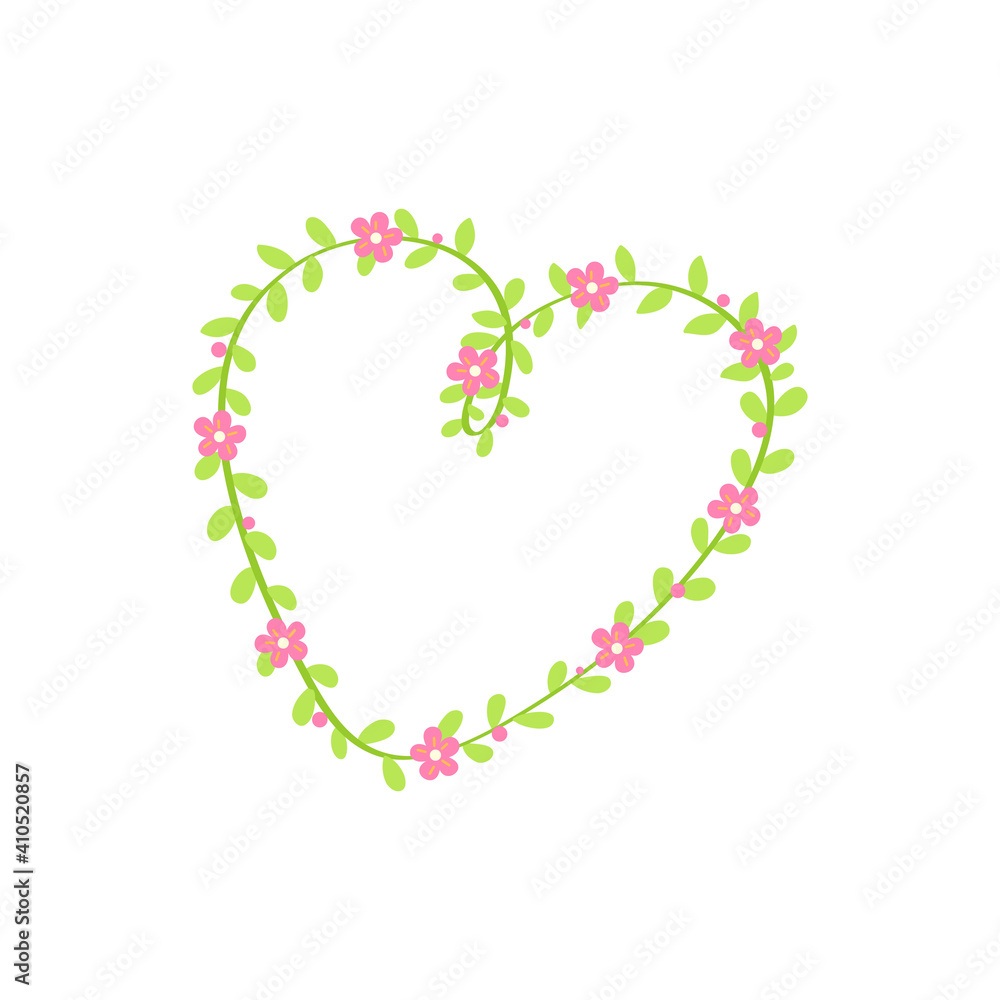 Heart shaped plant stems and flowers isolated on white background.