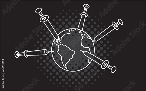 World vaccination vector banner. COVID-19 Coronavirus vaccine syringes needles are injected around planet Earth.