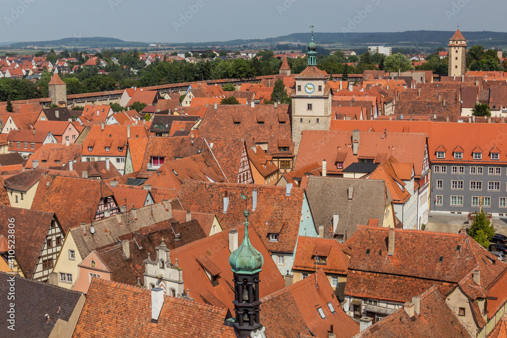 Aerial view of the old town of Rothenburg ob der Tauber, Bavaria state, Germany