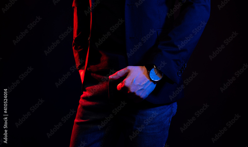Smart casual outfit on neon background with man